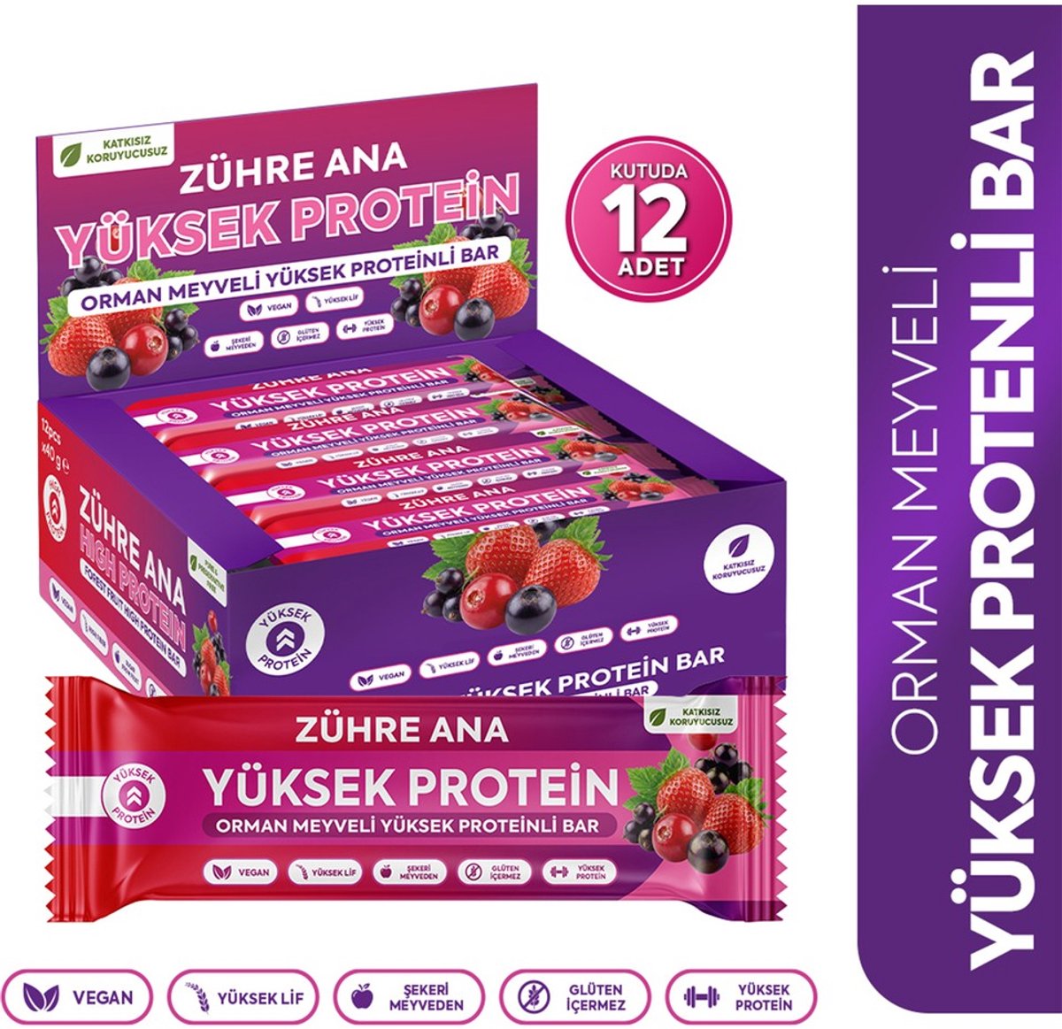 Zühre Ana Bosvruchten Hoog-Proteïne Reep 40 gr - 12-pack | Vegan, Glutenvrij, Zonder Toegevoegde Suikers, Vezelrijk