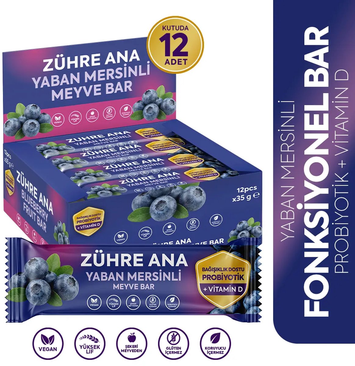 Zühre Ana Probiotica & Vitamine D Fruitreep - Bosbessen 35 gr - 12-pack | Vegan, Glutenvrij, Zonder Toegevoegde Suikers