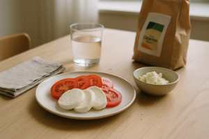 Plakjes buffelmozzarella en tomaat op een eenvoudig bord op een lichte keukentafel, met daarnaast een lactosevrij kaasalternatief in een klein schaaltje.