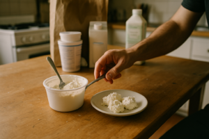 Open bakje ricotta op een houten keukentafel met boodschappen eromheen