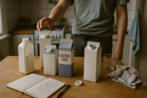 Keukentafel met verschillende pakken melk en een notitieboekje om reacties op zuivel bij te houden