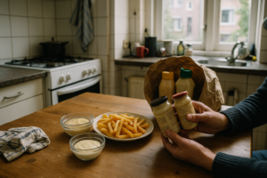 Keukentafel met bakje aioli en iemand die sauzen vergelijkt voor lactose-intolerantie