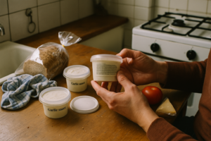 Persoon die thuis een bakje aioli van de supermarkt omdraait en het etiket leest op een houten keukentafel
