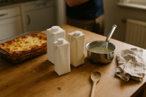 Keukentafel met pan bechamelsaus, lasagneschaal en verschillende melk- en plantaardige dranken