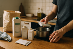 Pers bekijkt verschillende verpakkingen bechamelsaus en een plantaardige melk in een gewone keuken