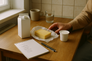 Keukentafel met verschillende zuivelproducten en een notitieblok voor het bijhouden van boeren en oprispingen