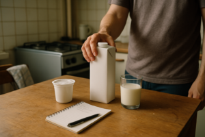 Keukentafel met melk en yoghurt naast een notitieblok, alsof iemand klachten na zuivel bijhoudt