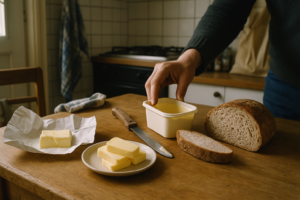 Keukentafel met plakjes boter, brood en een hand die een tweede smeerproduct pakt