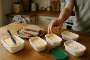 Keukentafel met gewone boter en plantaardige boterspreads naast elkaar, iemand kiest ertussen