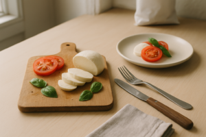 Schaal met een eenvoudige tomaat-mozzarella salade op een keukentafel in daglicht