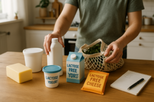 Keukentafel met verschillende zuivel- en lactosevrije producten en een notitieblok voor het bijhouden van klachten na maaltijden
