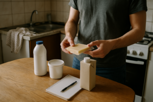 Keukentafel met verschillende zuivelproducten en notitieblok om klachten en voeding bij te houden