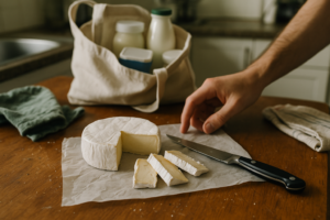 Half wiel brie op een keukentafel met enkele plakjes ernaast