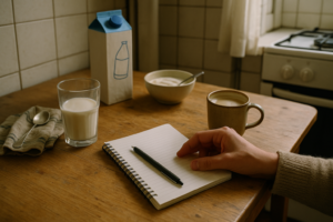 Keukentafel met glas melk, yoghurt en notitieboekje om buikklachten en lactose-inname bij te houden