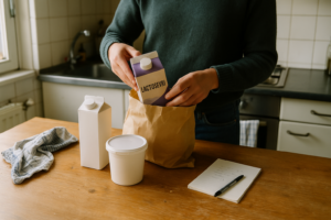 Keukentafel met gewone en lactosevrije zuivelproducten en iemand die boodschappen uitpakt