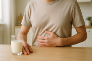 Persoon met hand op de buik naast een glas melk aan een lichte keukentafel