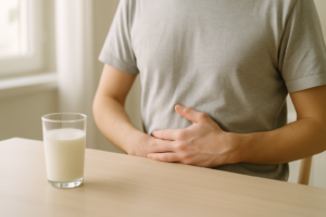 Persoon met hand op buik rond de navel naast een glas melk op tafel