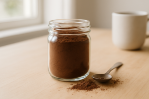Potje cacaopoeder met lepel op een lichte keukentafel in natuurlijk daglicht