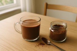 Mok warme drank met cacaopoeder op een lichte keukentafel, naast een schaaltje met losse cacao