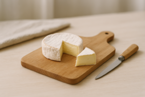 Ronde camembert op een houten plank met een uitgesneden puntje op een lichte keukentafel