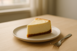 Punt cheesecake op een eenvoudig bord op een lichte keukentafel