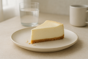 Eenvoudig stuk cheesecake op een licht bord op een neutrale keukentafel