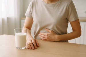 Persoon met een hand op de buik naast een glas melk aan een lichte keukentafel