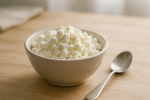 Kommetje cottage cheese op een lichte keukentafel in daglicht