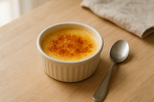 Close-up van een schaaltje crème brûlée op een lichte keukentafel