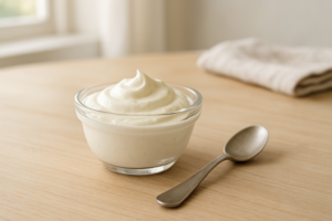 Klein schaaltje crème fraîche op een lichte keukentafel in daglicht