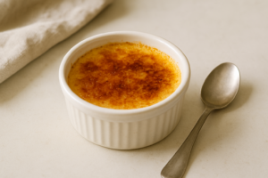 Klein schaaltje crème brûlée op een lichte tafel met een lepel ernaast