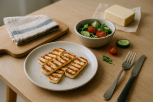 Gegrilde halloumi in plakken op een eenvoudig bord op een keukentafel, met salade en bestek in een huiselijke setting.