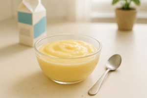 Kommetje gele custard op een lichte keukentafel met lepel ernaast