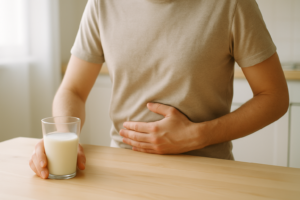 Persoon met lichte buikklachten zit aan tafel naast een glas melk