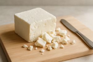 Close-up van verkruimelde feta op een houten plank in een lichte keuken
