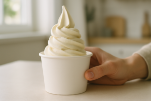 Klein bekertje frozen yoghurt op een lichte tafel, vastgehouden door een hand in een rustige, alledaagse setting.
