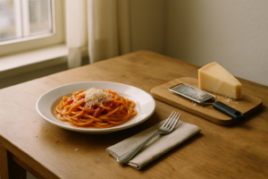 Bord pasta met een kleine hoeveelheid geraspte Parmezaanse kaas op een eenvoudige keukentafel in een Nederlandse keuken