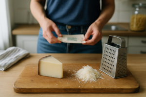 Keukenscène met een stuk pecorino op een houten plank en wat geraspte kaas ernaast