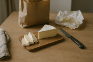 Wig brie op een houten plank met enkele plakjes in een gewone keukensetting