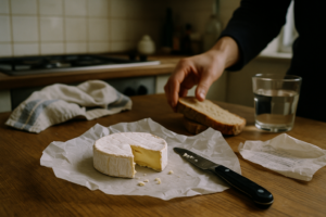 Ronde camembert op bakpapier op een keukentafel, deels aangesneden met een mes ernaast