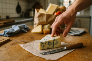 Wig gorgonzola op een keukentafel met een mes en boodschappen op de achtergrond