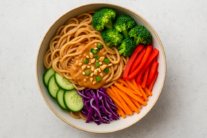 Noodles met pindasaus en knapperige groenten
