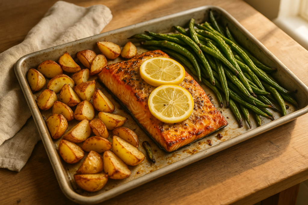 Zalm met aardappeltjes en sperziebonen op een bakplaat met citroenpartjes