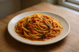 Pasta met tomatensaus, geroosterde knoflook en basilicum op een bord