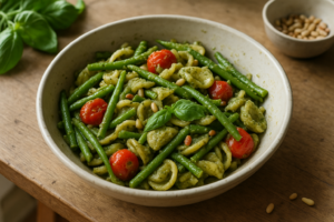 Kom pasta pesto met sperziebonen en cherrytomaten op tafel