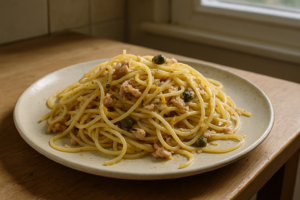 Spaghetti met tonijn, kappertjes en citroen op een bord
