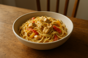 Romige pasta met kip en paprika in een lichte saus