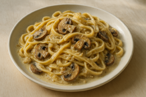 Bord tagliatelle met champignons in romige knoflooksaus