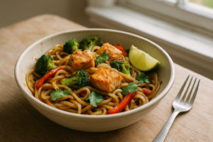 Bowl met rijstnoedels, zalm, limoen en koriander