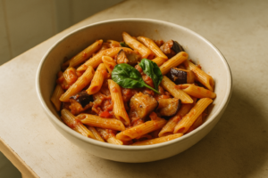Bord penne met tomatensaus, aubergine en verse basilicum
